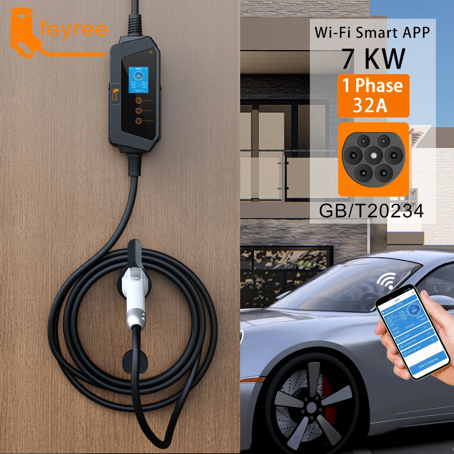 7KW Portable EV Charger - Adjustable Current GBT Electric Vehicle Charger