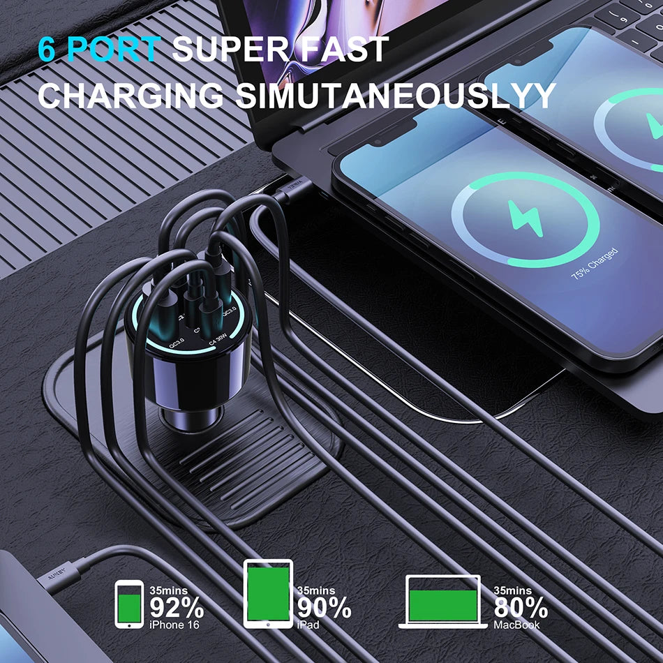 240W 4-Port USB-C Car Charger - PD 3.1 Super Fast Charging Adapter - 19
