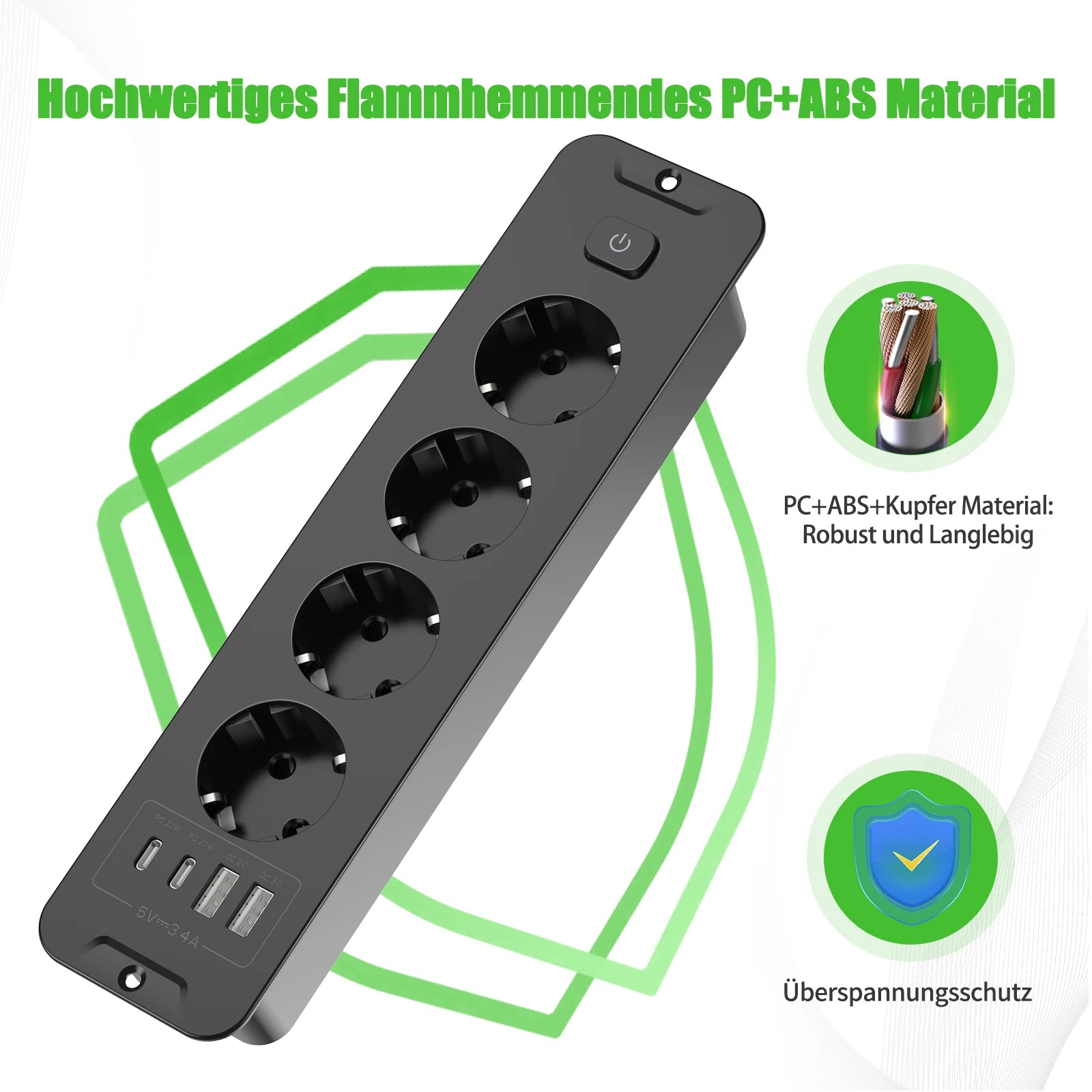 Retractable Desktop Power Strip with 4/6 AC Outlets, USB-C & PD 20W Fast Charge - 15