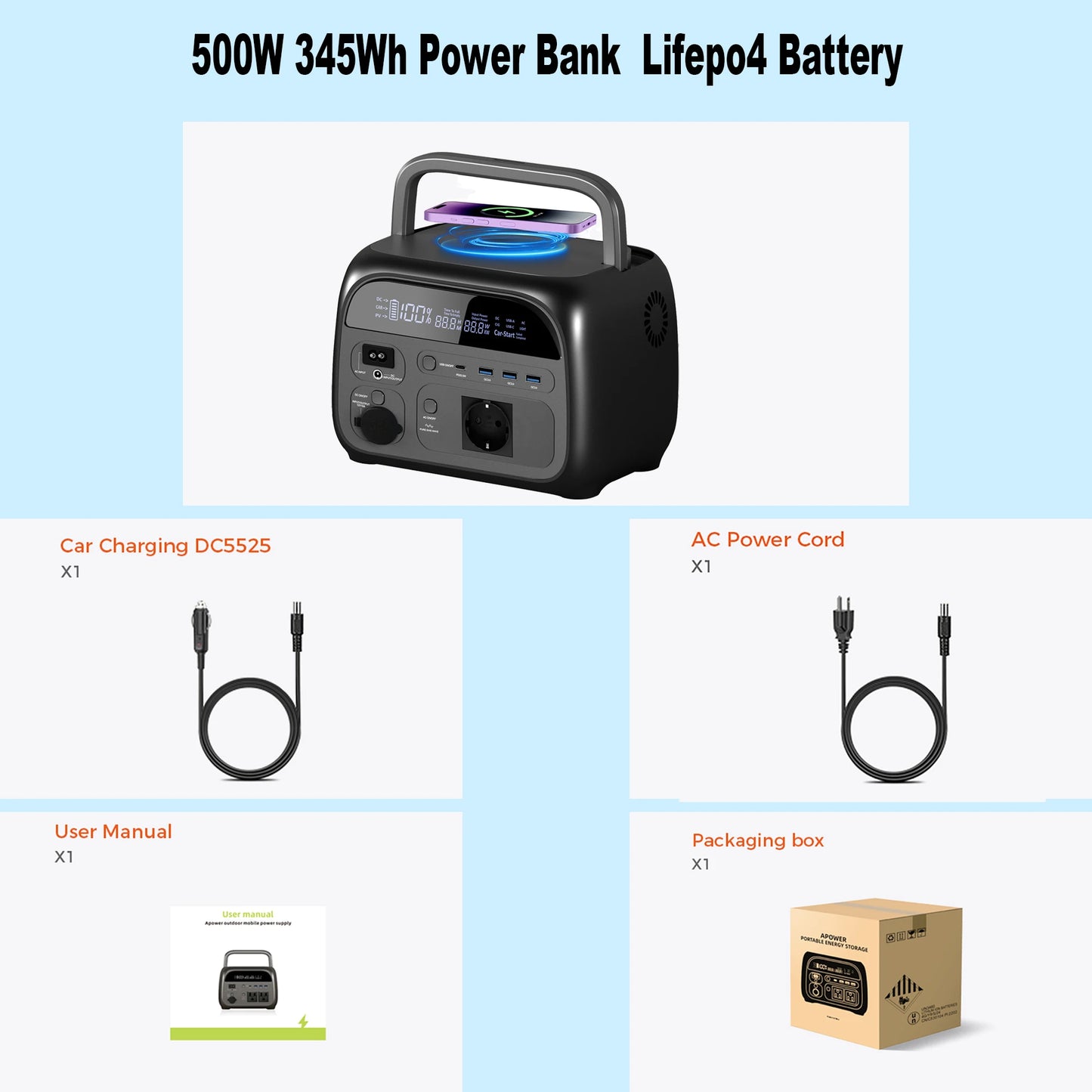 500W Portable Power Station 346Wh LiFePO4 Battery Solar Generator