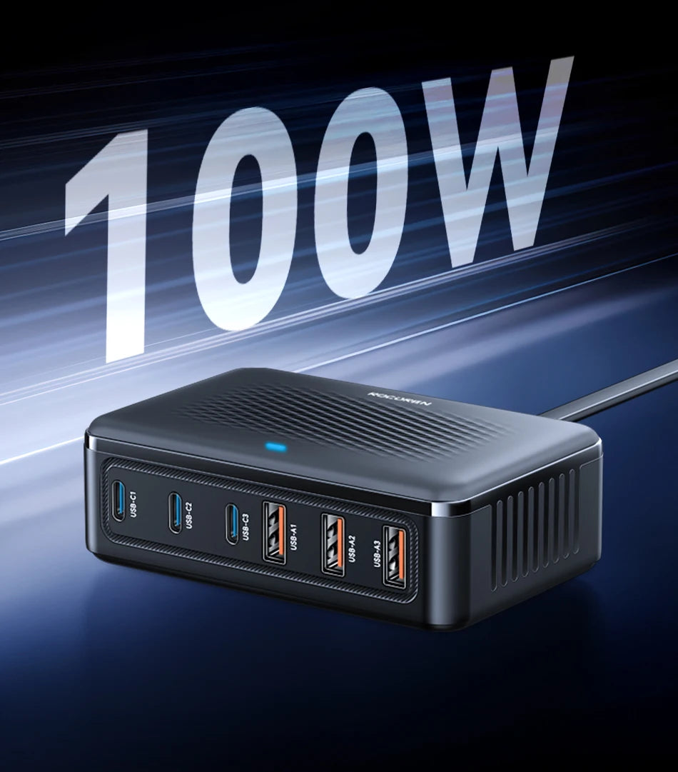 100W GaN 6-Port Desktop Fast Charging Station - Universal USB-C Power Hub - 8
