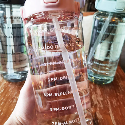 2L Large Motivational Water Bottle with Straw & Time Markers for Fitness