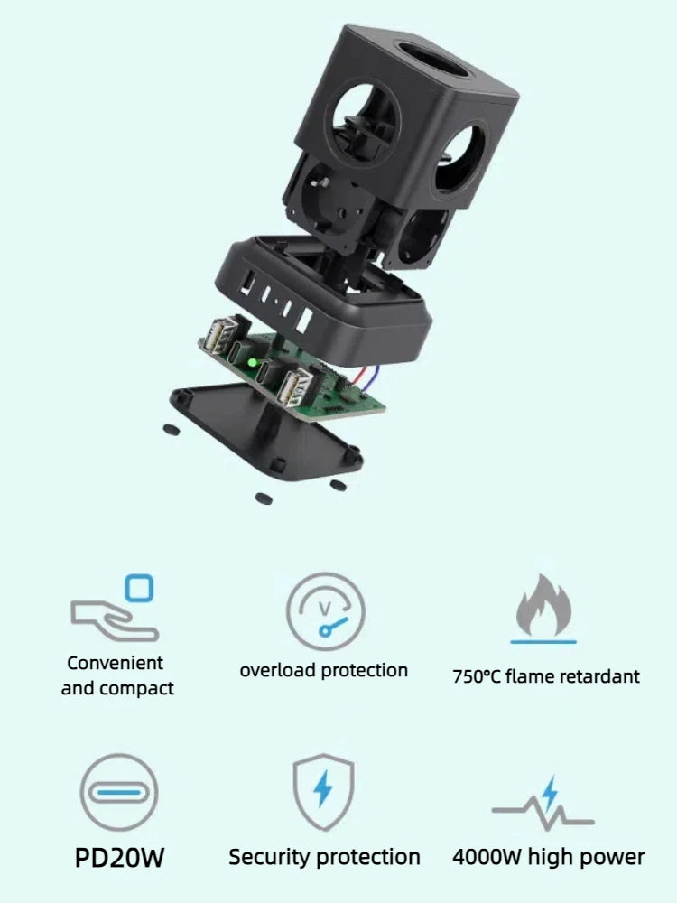 9-in-1 European Tower Power Strip with 4 USB Ports & 1.8m Extension Cord - 7