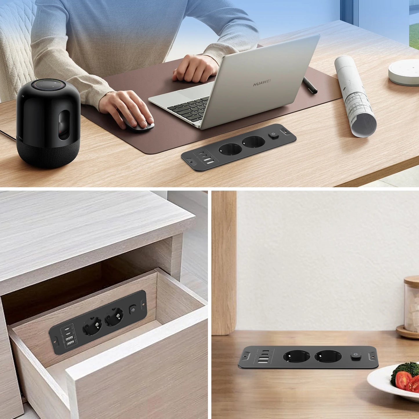 Desktop Recessed Power Strip - Built-in 3 AC Sockets, USB & PD 20W Type-C