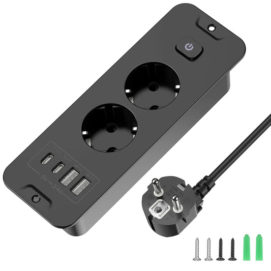 Desktop Recessed Power Strip - Built-in 3 AC Sockets, USB & PD 20W Type-C