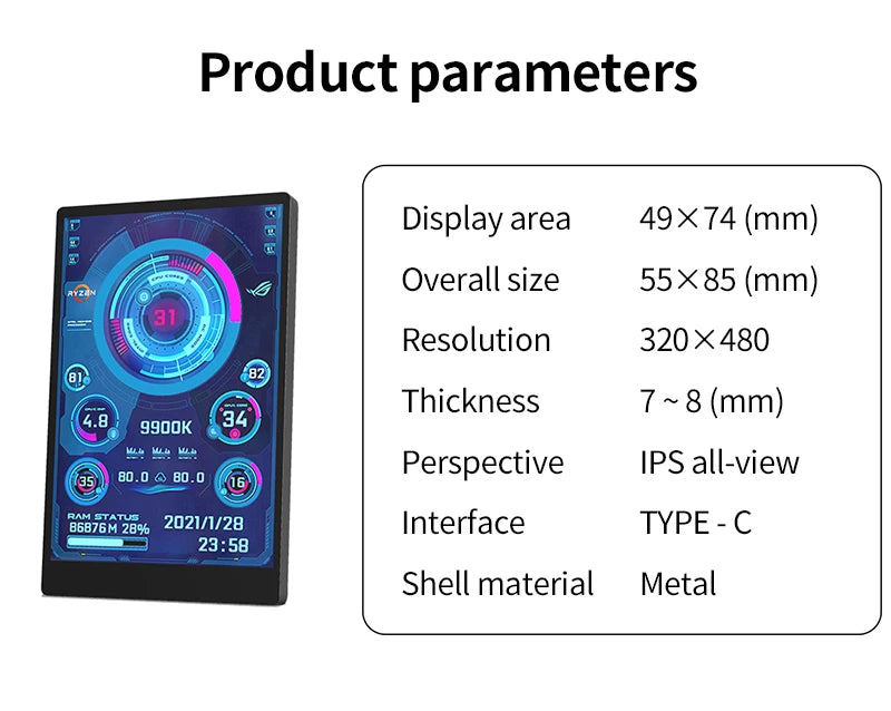 3.5" IPS PC Hardware Monitor - Real-Time CPU GPU RAM Temperature Display