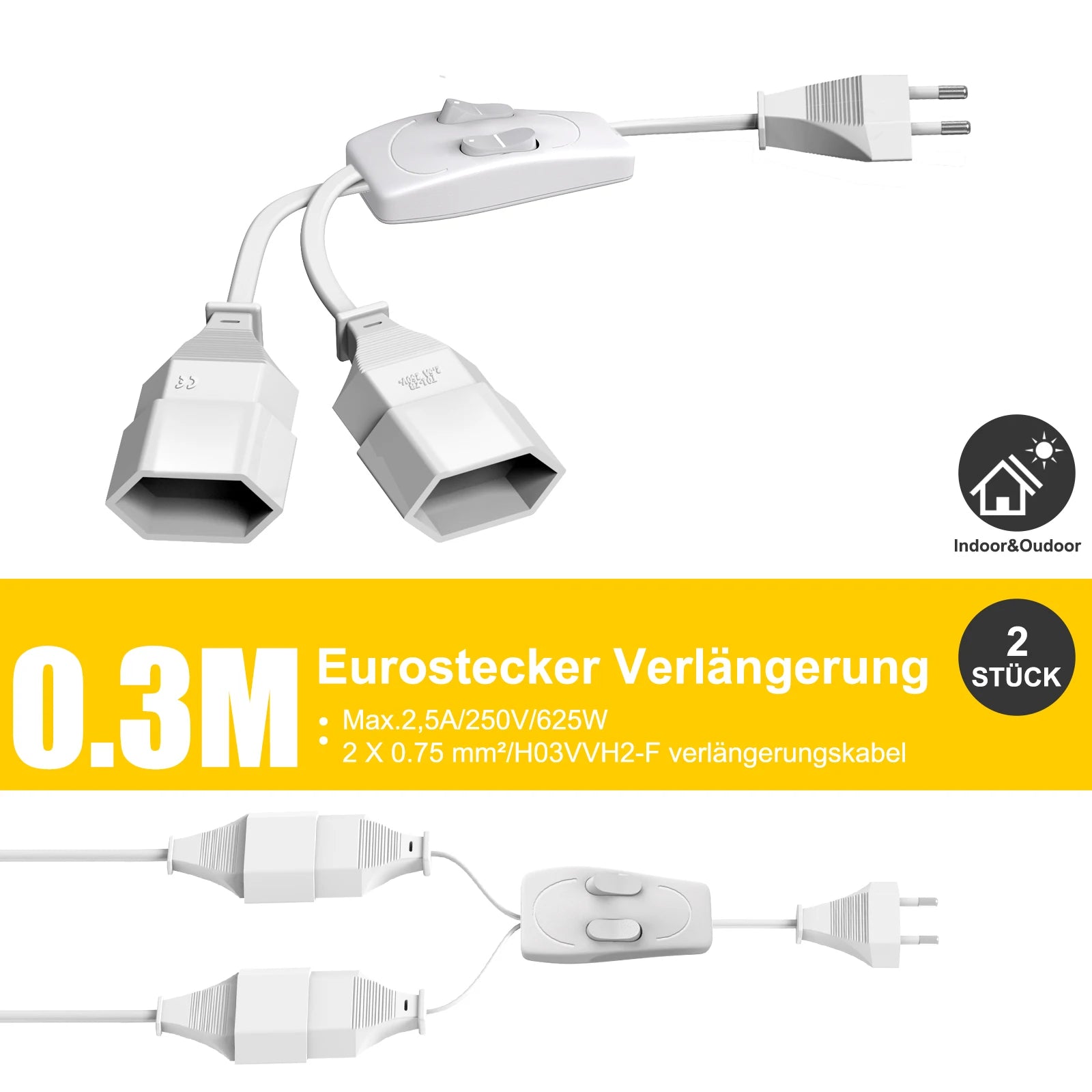 German Standard Dual Socket Extension Cable - Compact 2-Way Power Splitter - 2