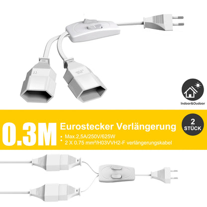 German Standard Dual Socket Extension Cable - Compact 2-Way Power Splitter