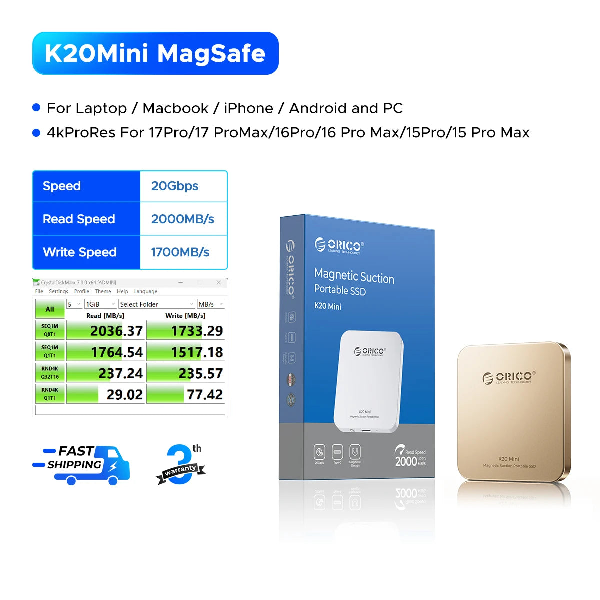 Orico Magnetic Portable SSD 20Gbps for iPhone 16/15 Pro & USB-C Devices