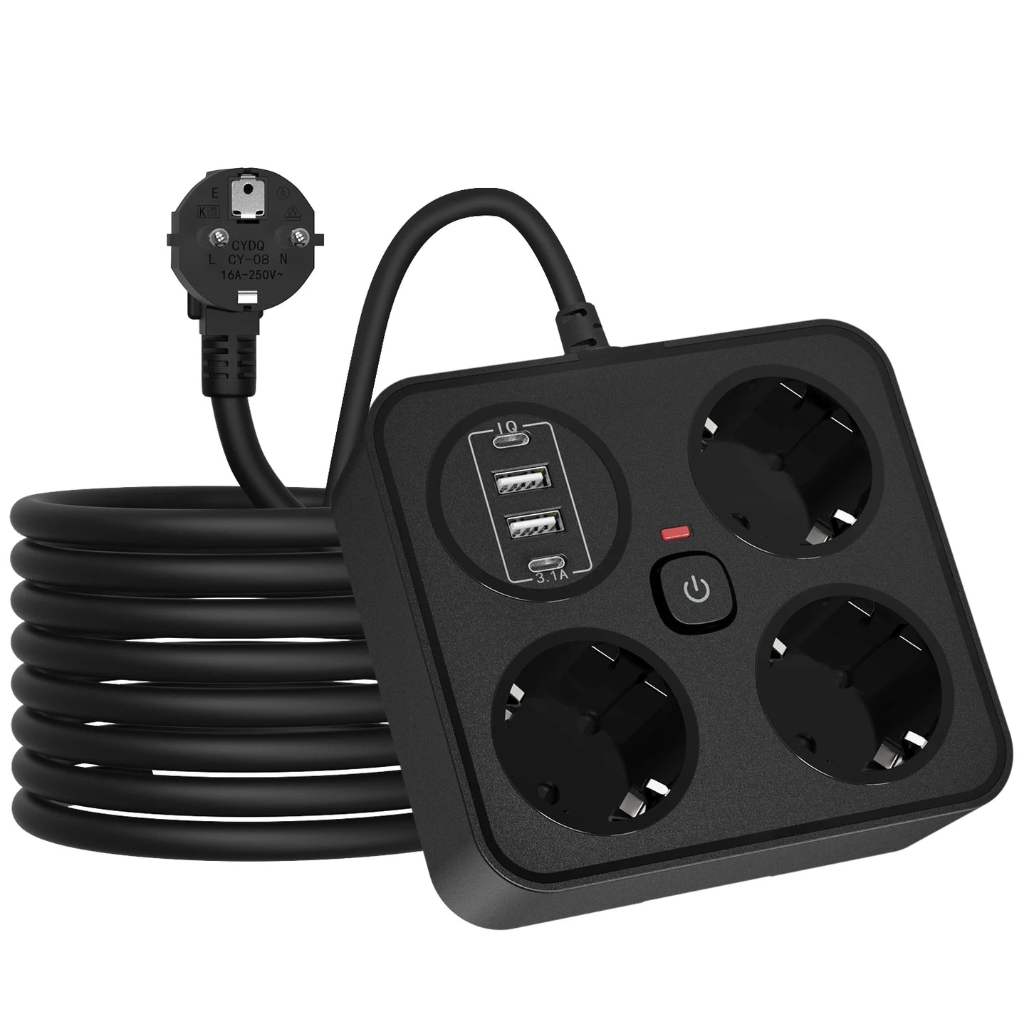 7-in-1 European Power Strip with 4 USB Ports & Surge Protection