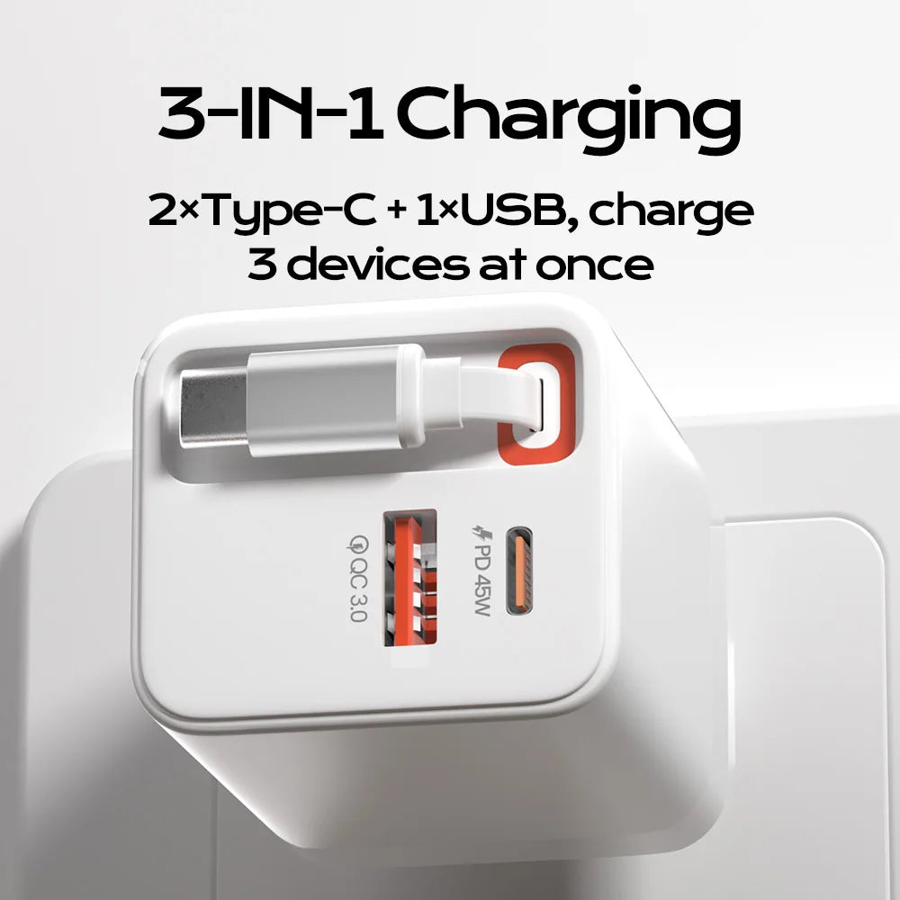 65W Retractable USB-C Fast Charger - Portable PD Travel Adapter for Laptop - 3
