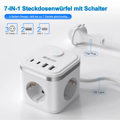 7-in-1 Power Strip with USB-C, Ultra-Thin Flat Plug & 2m Extension Cord