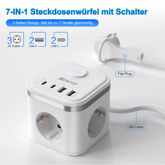 7-in-1 Power Strip with USB-C, Ultra-Thin Flat Plug & 2m Extension Cord