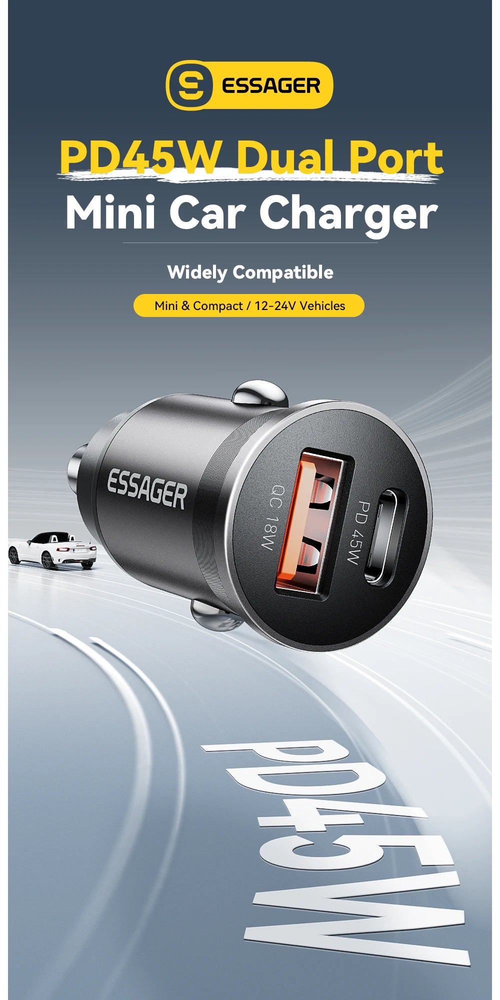 45W Dual Port Fast Car Charger - USB-C & USB-A PD Fast Charging Adapter - 7