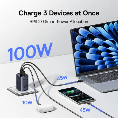 100W GaN Fast Charger - 3-Port USB-C Laptop & Phone Power Adapter