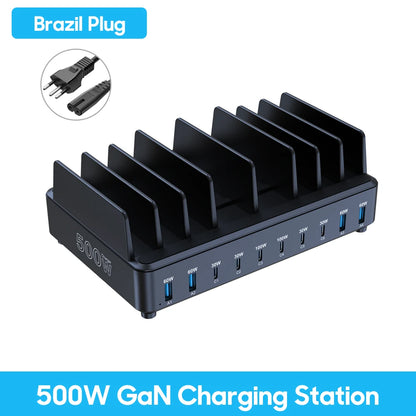 500W 10-Port GaN USB-C Charging Station for Laptops and Smartphones