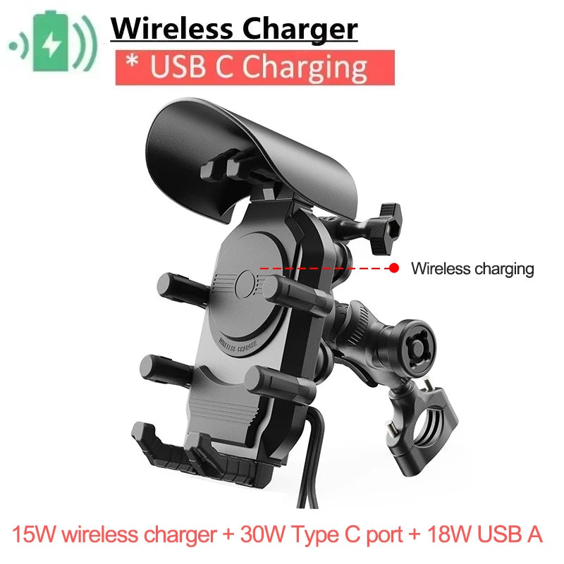 Motorcycle Phone Mount with 15W Wireless & 30W USB-C Fast Charger - 20