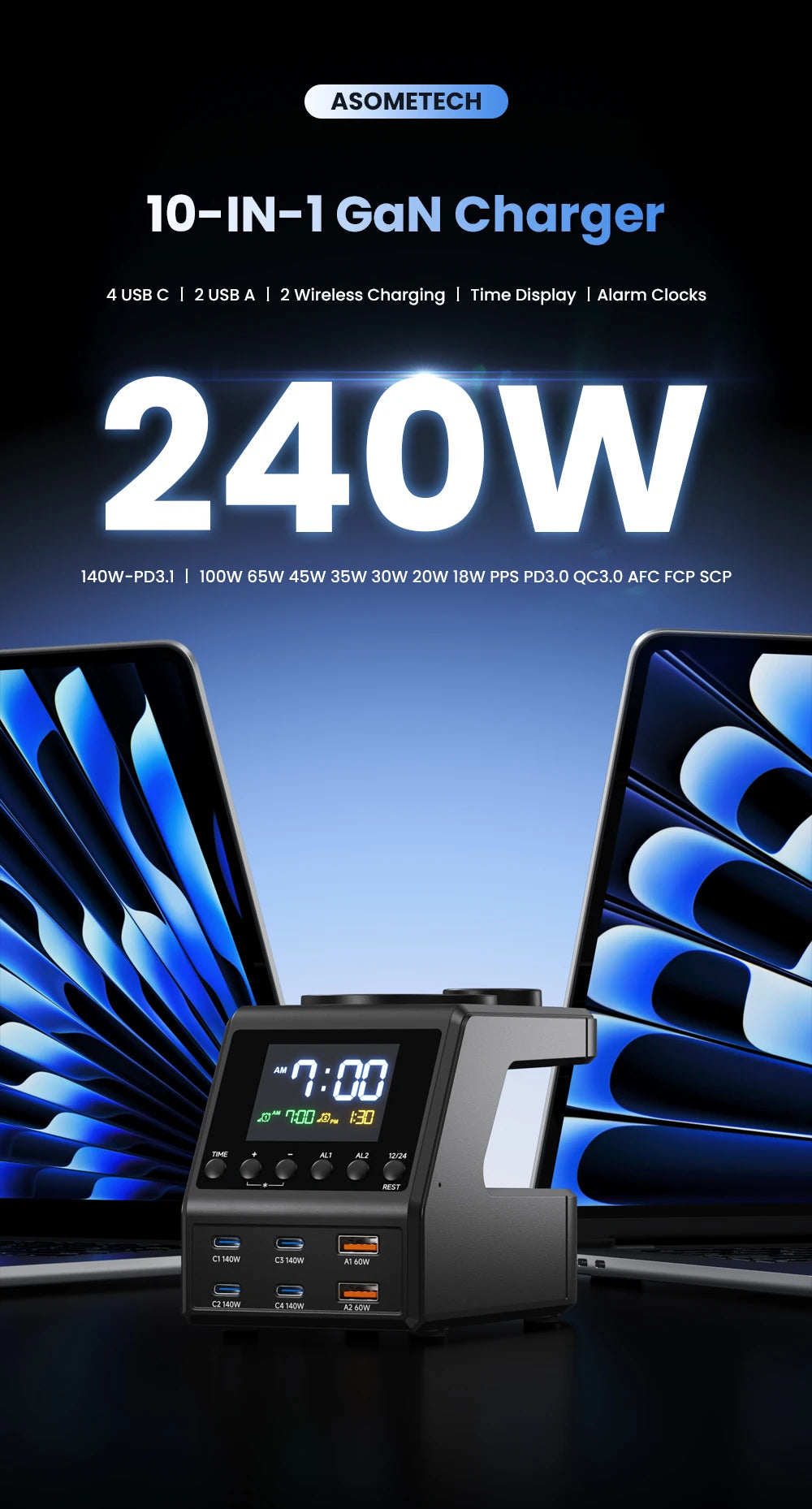 240W GaN Charging Station - 10-in-1 Fast USB-C Hub with Wireless & Alarm - 7