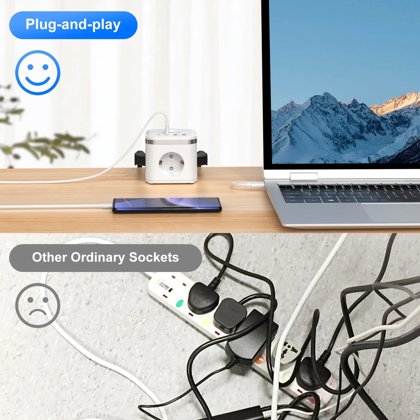 7-in-1 Power Strip with USB-C, Ultra-Thin Flat Plug & 2m Extension Cord