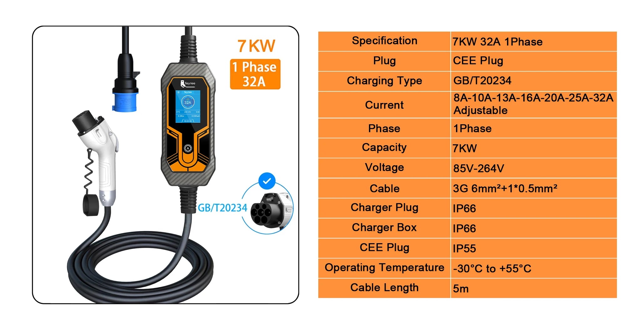 Portable GB/T Electric Vehicle EV Charger - Adjustable 3.5KW-11KW Power - 7