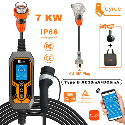 7KW Portable EV Charger Type 2, 32A Adjustable Smart WiFi Fast Car Charger