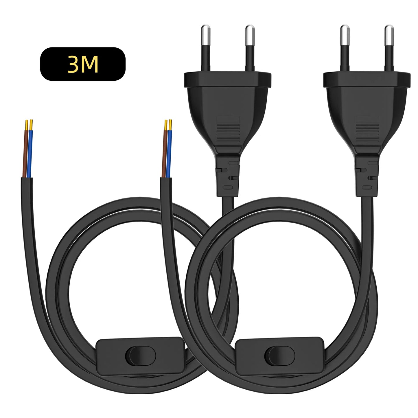 European Standard Power Cord with Switch - 2-Pin DIY Extension Cable
