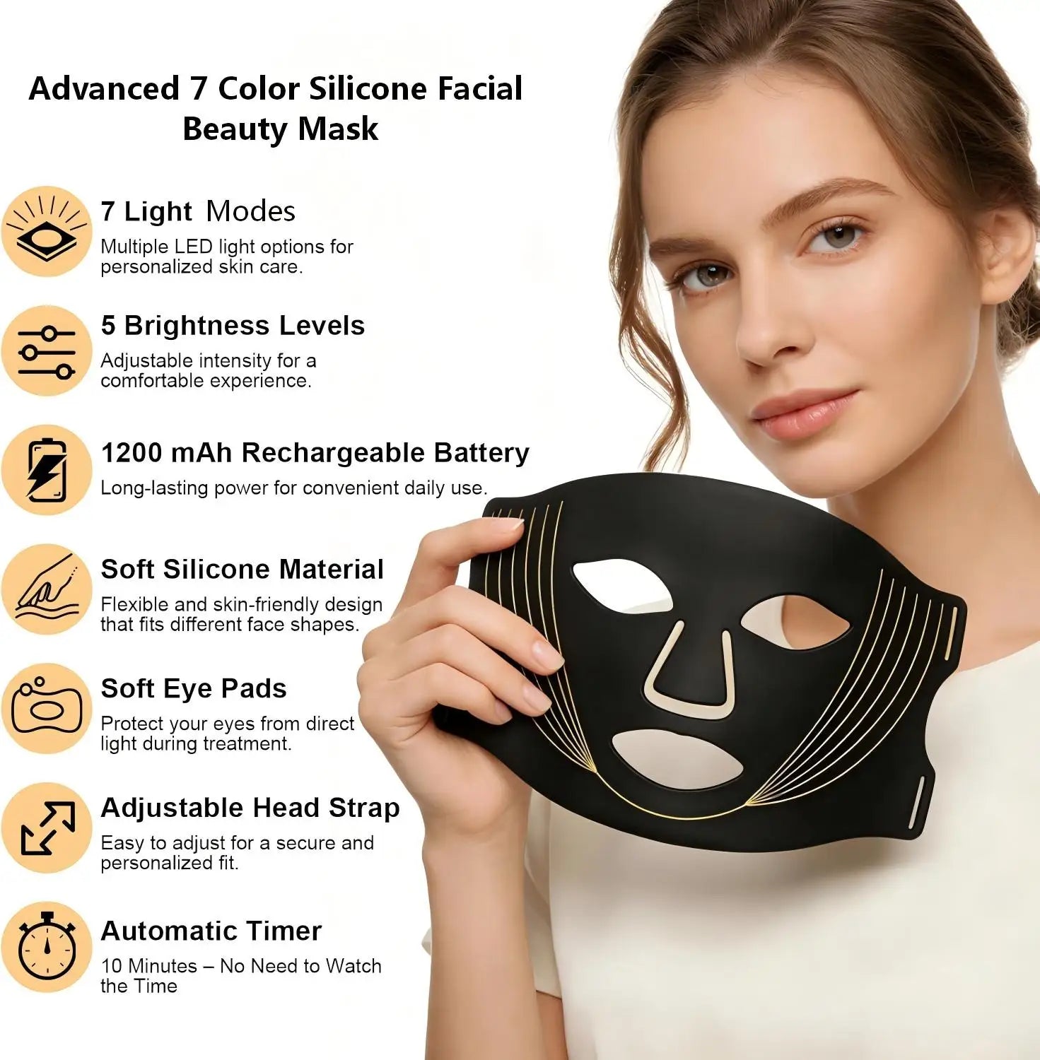 7-Color LED Facial Mask - Rechargeable Silicone Light Therapy Skin Care Device - 2