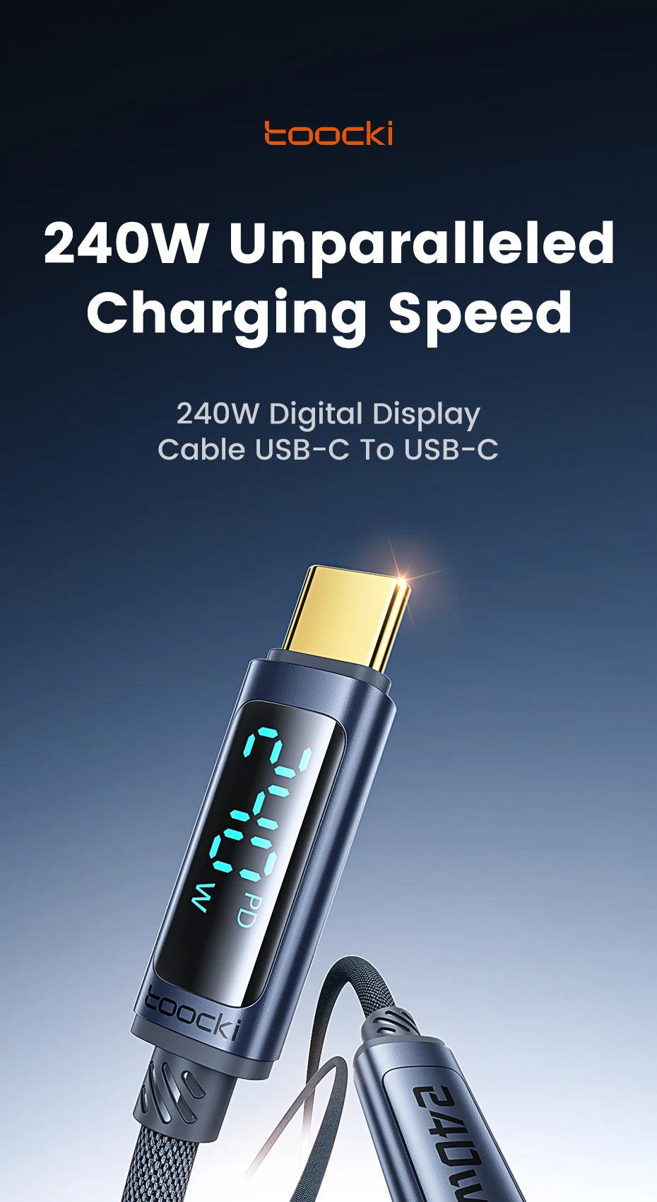 240W USB-C to USB-C Fast Charging Cable with Digital Power Display - 7