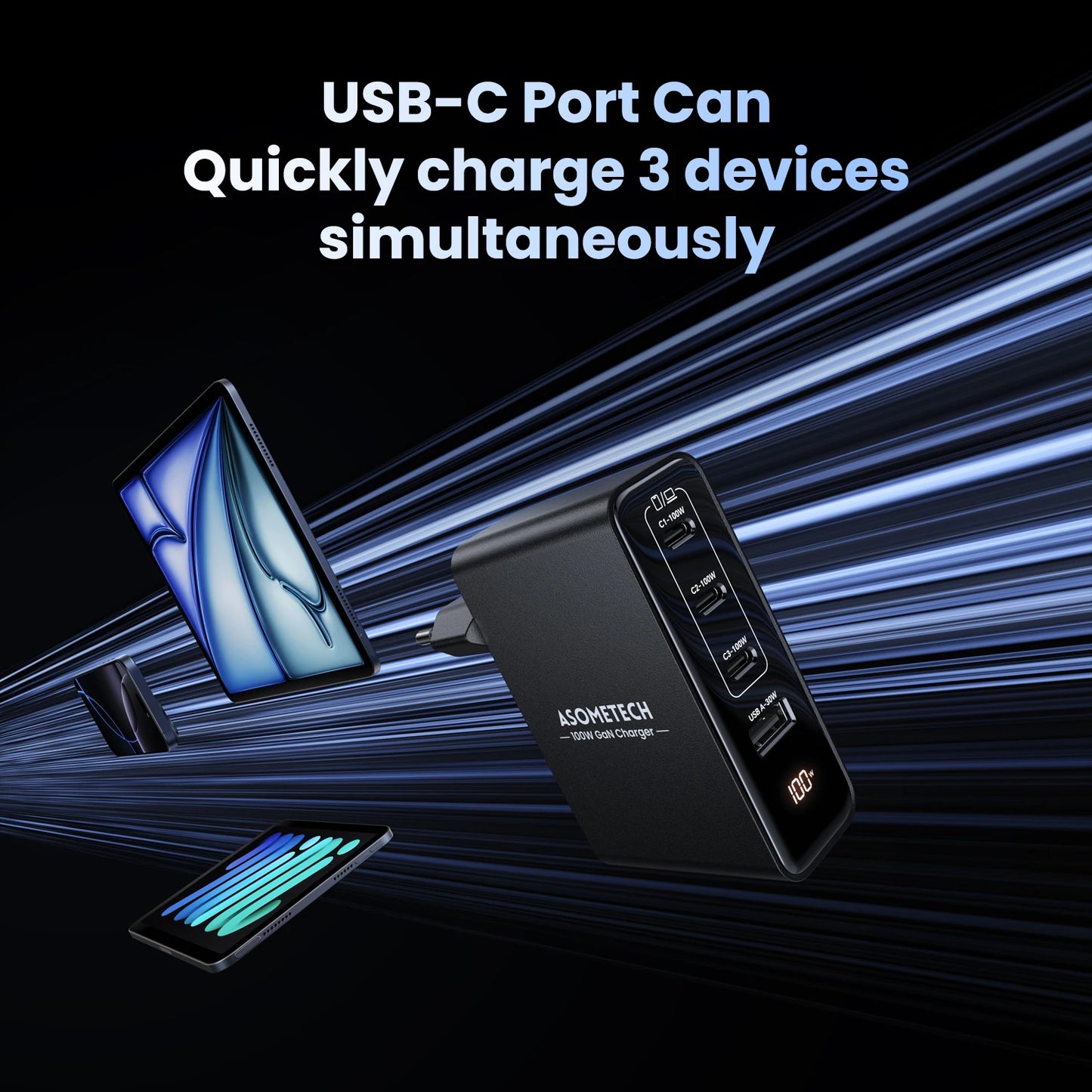 100W GaN 4-Port Fast USB-C Charger - PD 3.0 Laptop & Phone Power Adapter