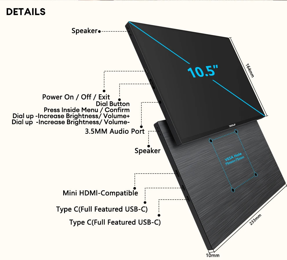 10.5" 1920x1280 Portable Touchscreen Monitor - 100% sRGB & 420 Nits - 12