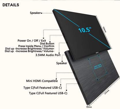 10.5" 1920x1280 Portable Touchscreen Monitor - 100% sRGB & 420 Nits