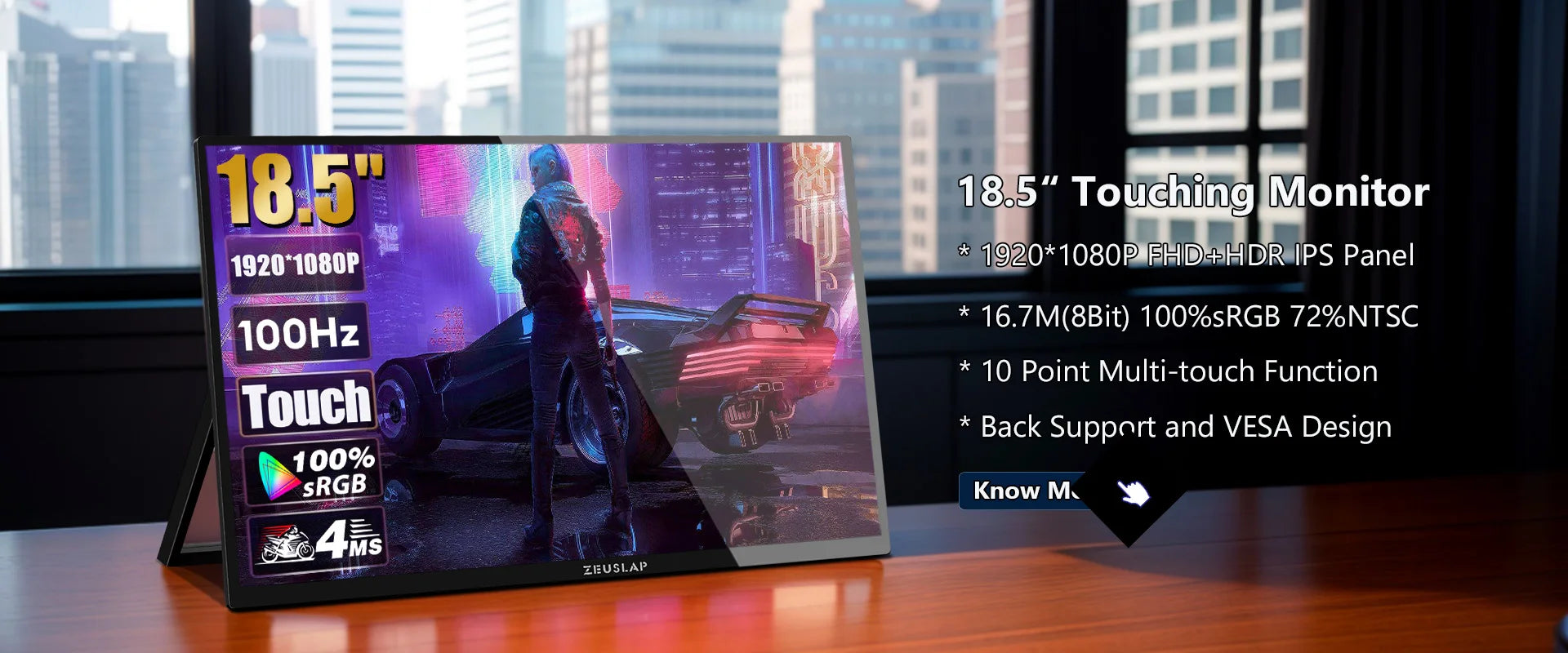 18.5" Touchscreen Portable Monitor 1080P IPS HDR Ultra-Slim Display - 8