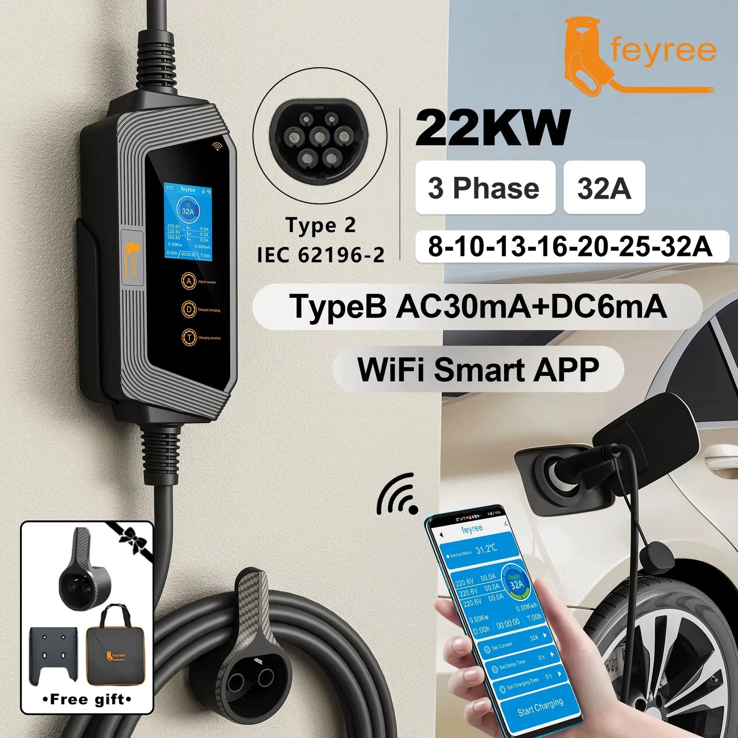 22KW 3-Phase Portable EV Charger - Adjustable 32A Type 2 Fast Charger