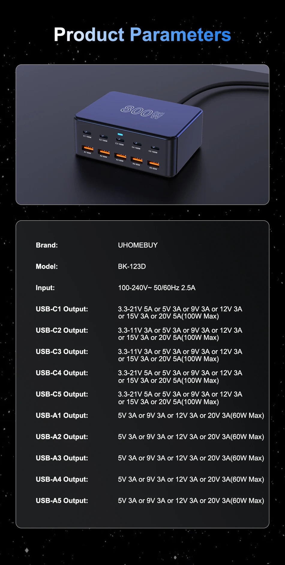 10-Port 800W GaN Desktop Fast Charging Station - 100W USB-C PD Charger - 16