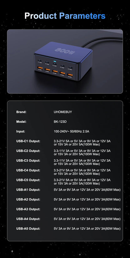 10-Port 100W GaN Fast Charging Station for Laptops, iPhone, & Android