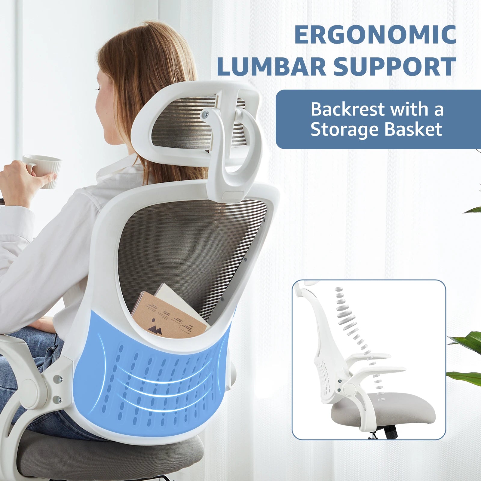 Ergonomic Mesh Office Chair with Adjustable Headrest & Flip-Up Arms - 2