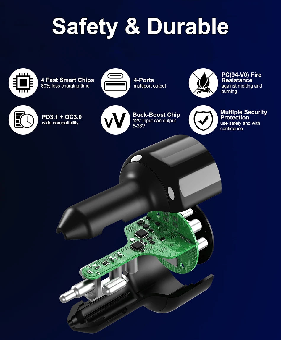 240W 4-Port USB-C Car Charger - PD 3.1 Super Fast Charging Adapter - 15