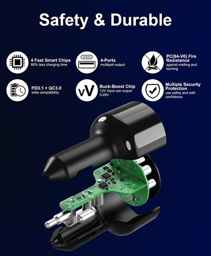 240W 4-Port USB-C Car Charger - PD 3.1 Super Fast Charging Adapter