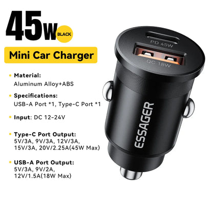 45W Dual Port Fast Car Charger - USB-C & USB-A PD Fast Charging Adapter