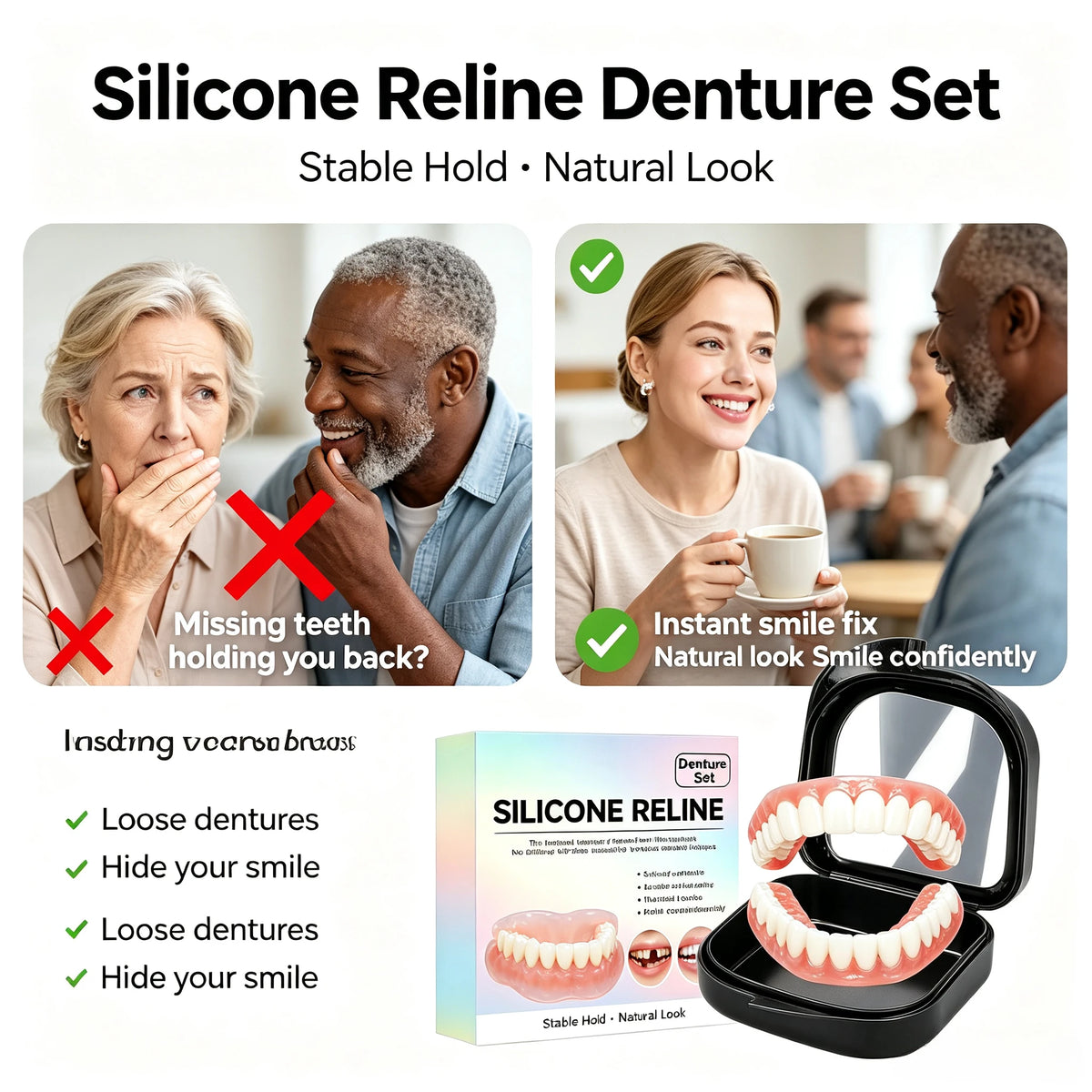 Natural Fit Silicone Dentures - Instant Cosmetic Smile & Oral Comfort