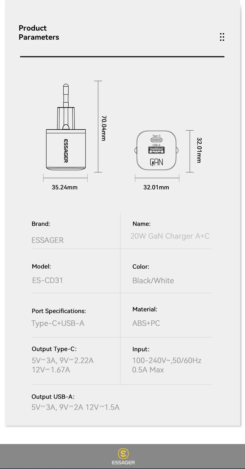 20W GaN Dual Port USB-C Fast Wall Charger for iPhone Samsung iPad - 20