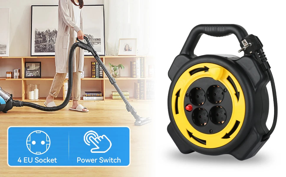 10M Retractable Extension Cord Reel with 4 Sockets, Heavy Duty Power Station