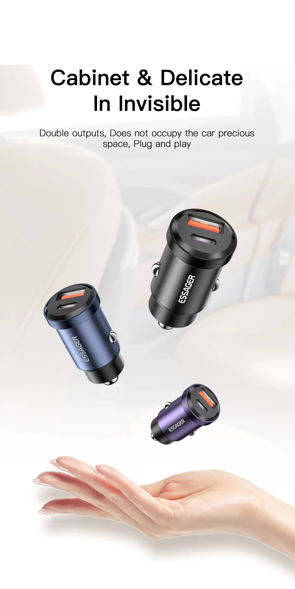 Essager 45W Fast Car Charger PD 3.0 Dual Port USB-C Adapter for Phone - 16