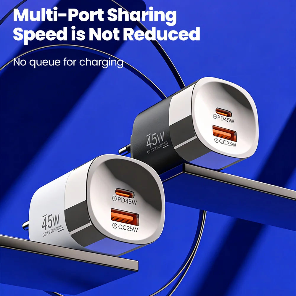 45W Dual Port USB-C & USB-A Fast Wall Charger for iPhone, Samsung, Huawei
