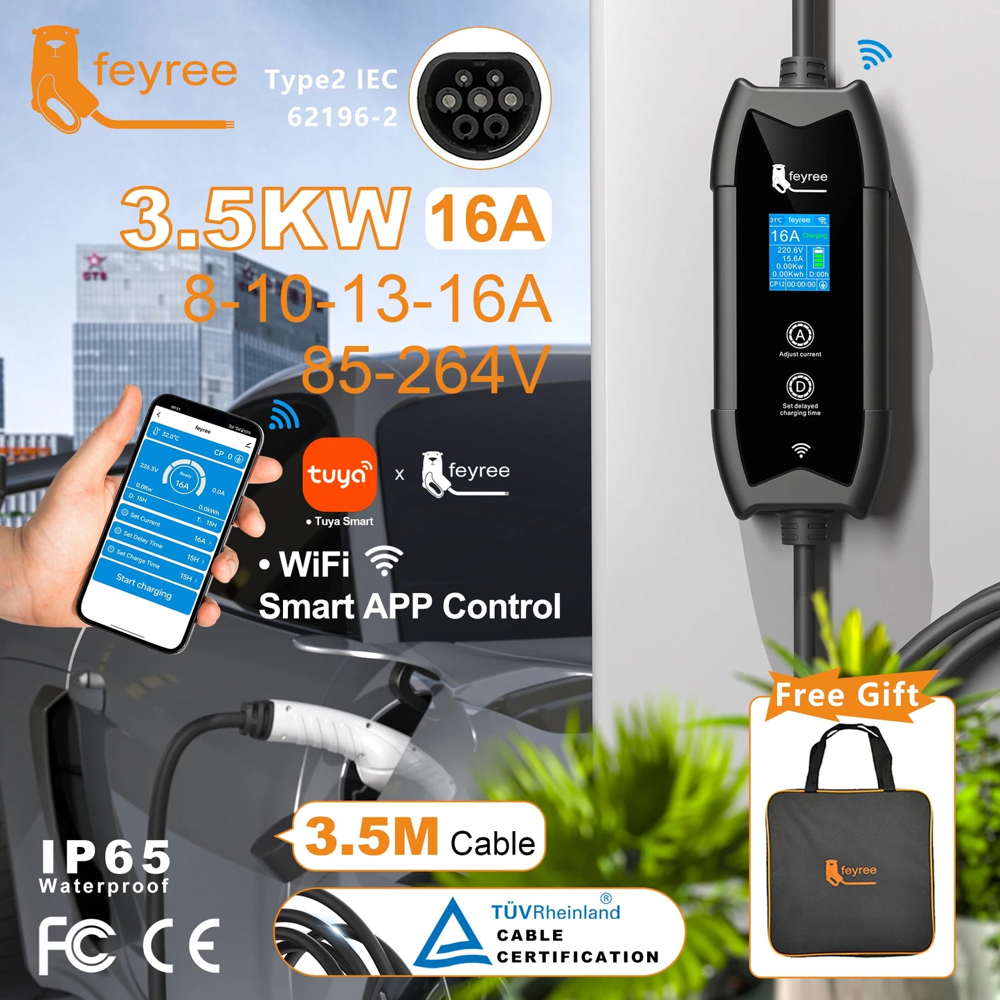 Portable Type 2 EV Charger - 3.5KW Smart App Controlled Fast Charging Cable