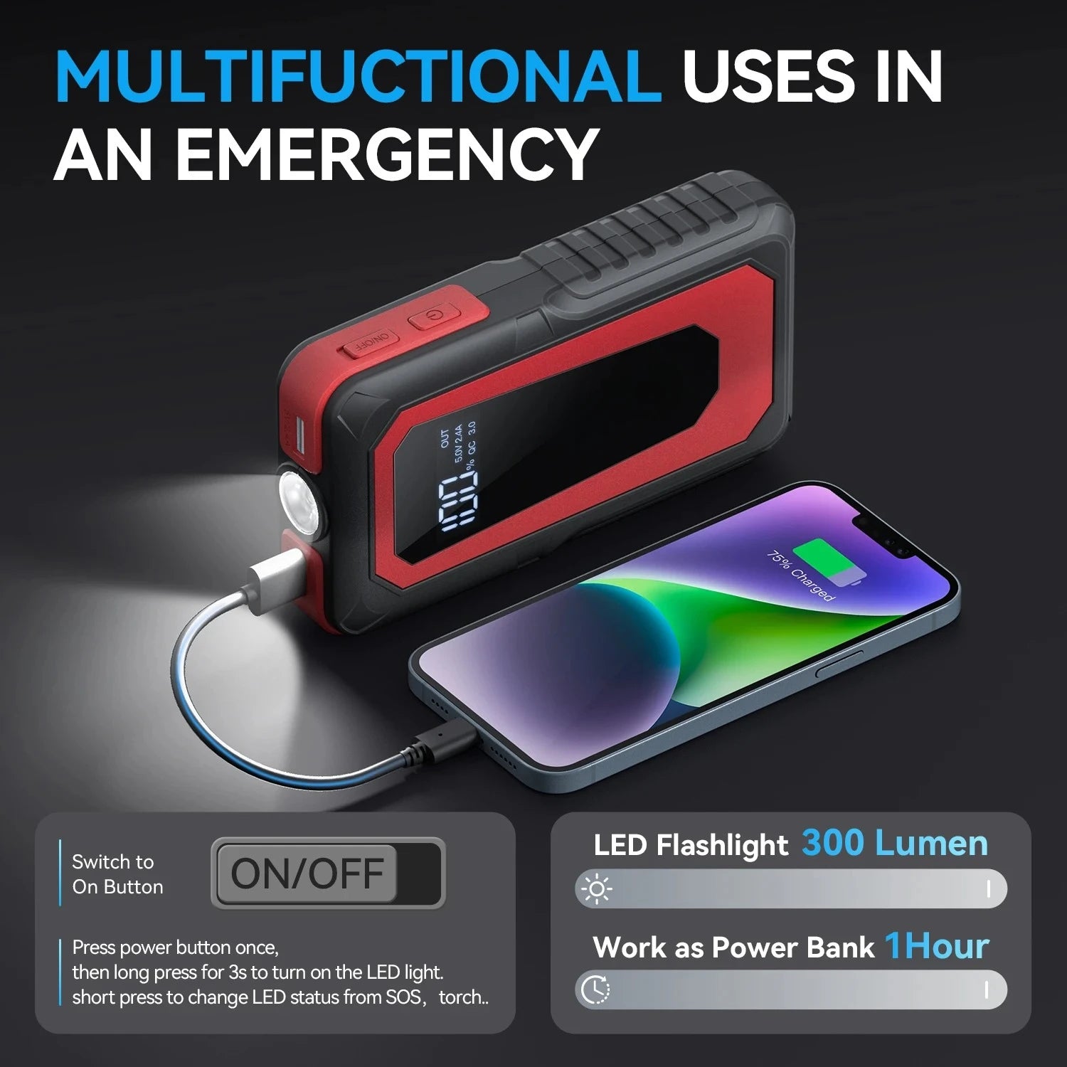 2000A Portable Car Jump Starter - 12V Auto Battery Booster Power Bank - 12