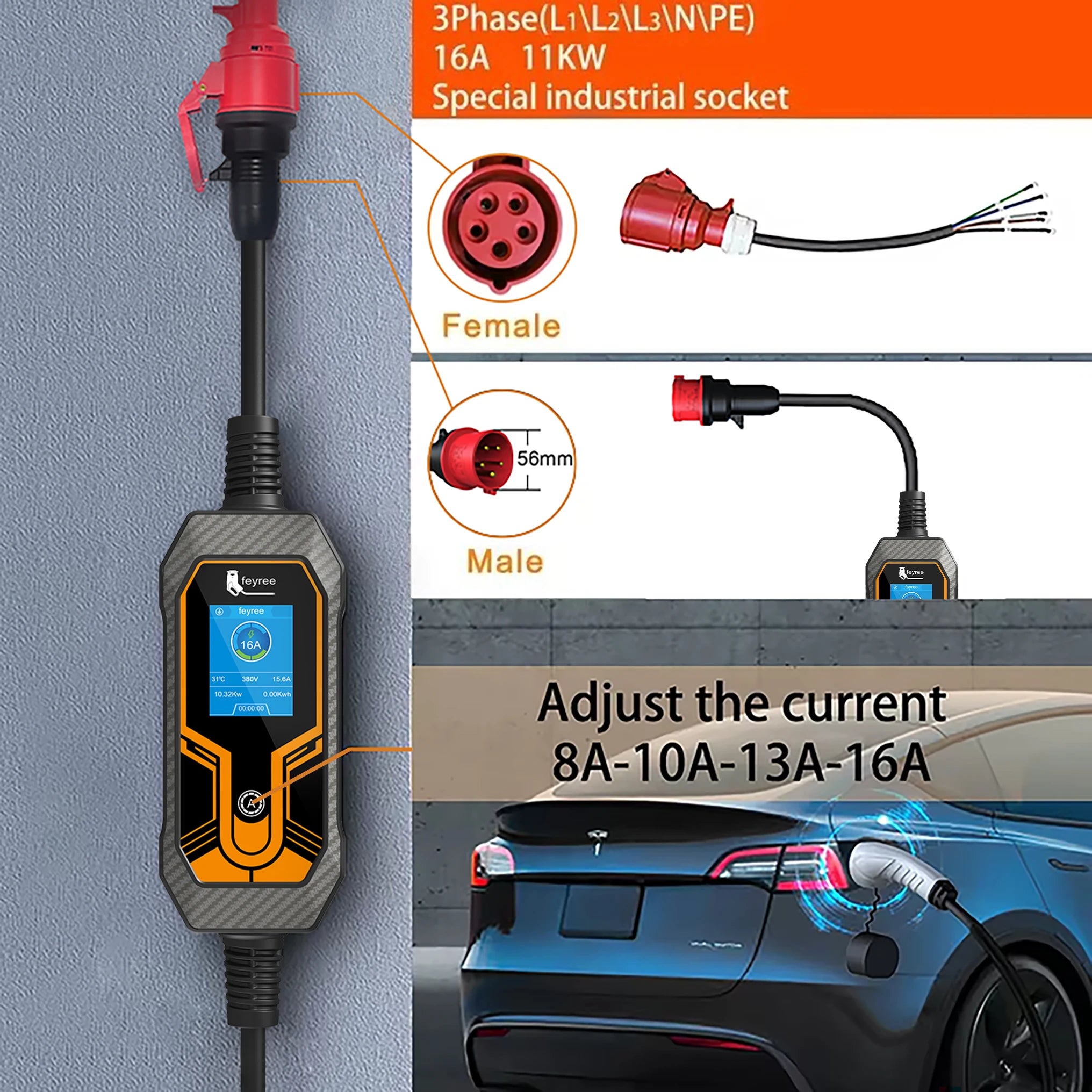 11KW Portable 3-Phase EV Charger Type 2 Adjustable Charging Box - 5