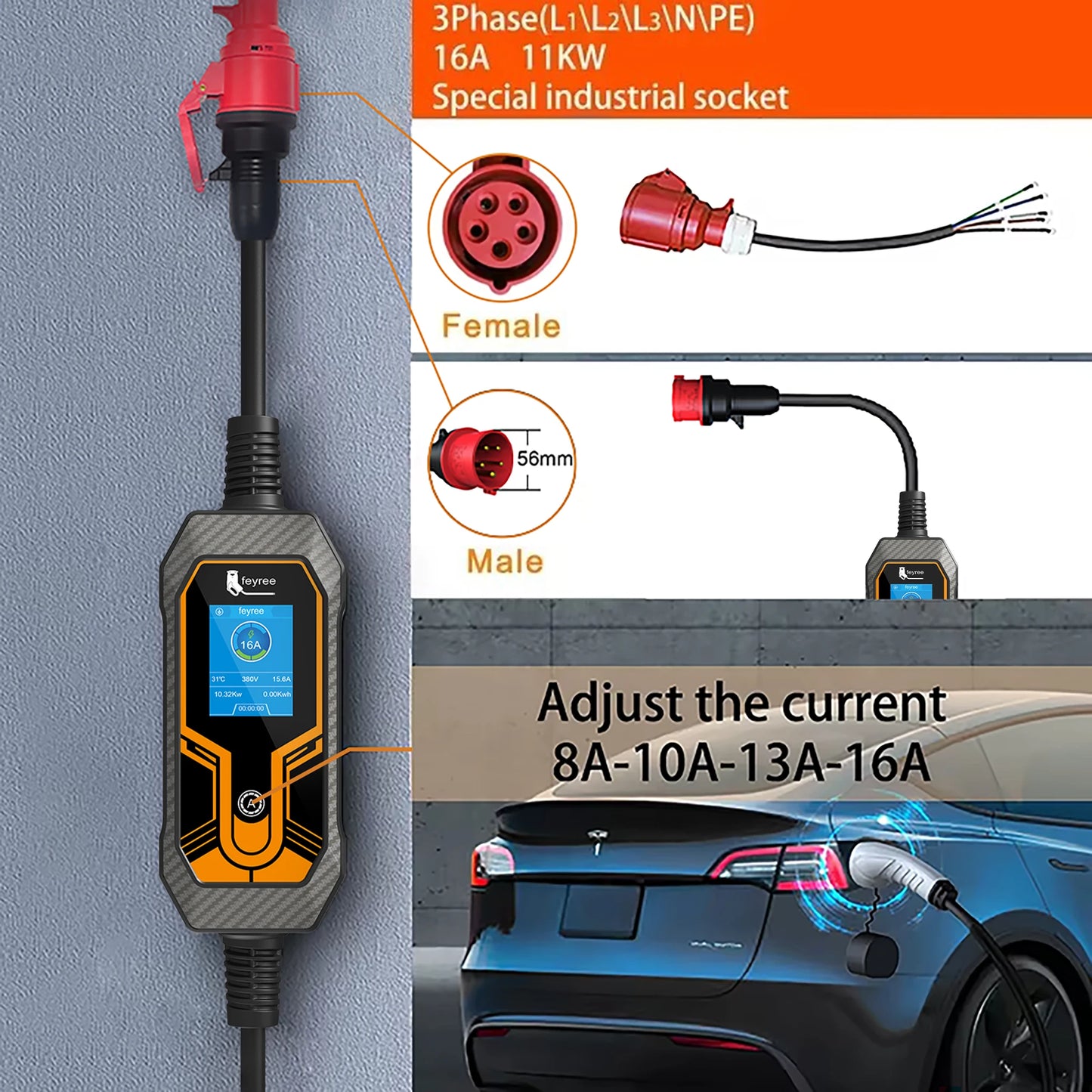 11KW Portable 3-Phase EV Charger Type 2 Adjustable Charging Box
