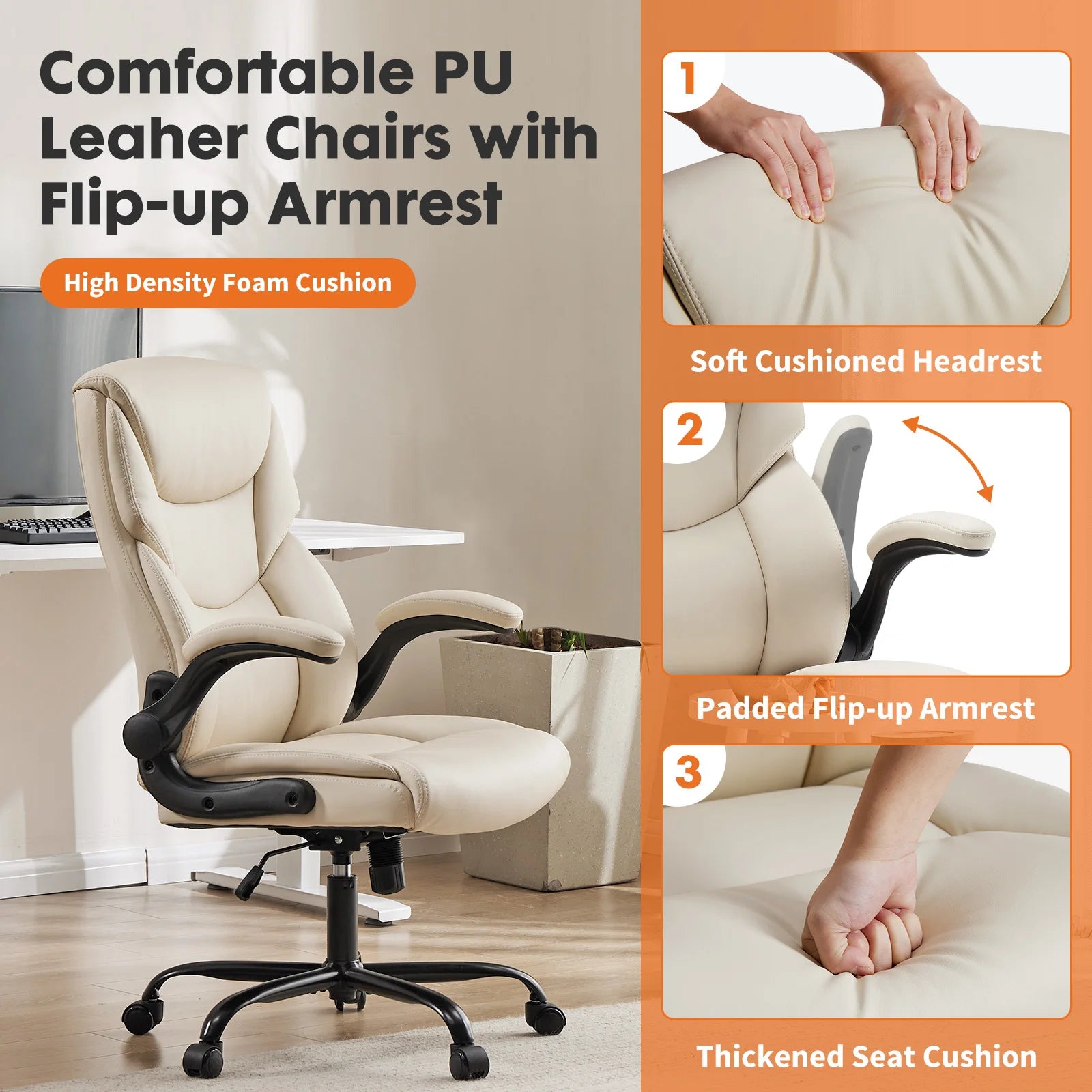Ergonomic PU Leather Office Desk Chair with Flip-Up Arms & Lumbar Support - 3