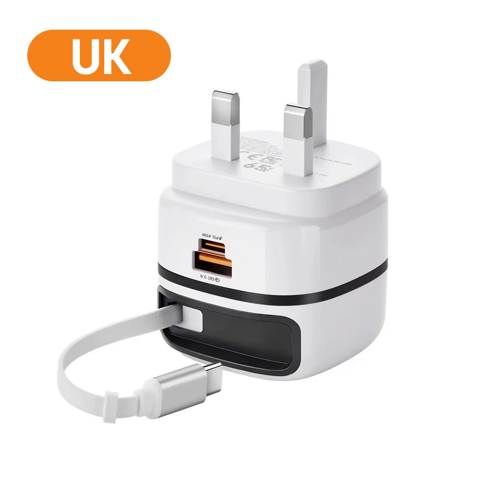 65W Fast USB-C Charger & Retractable Cable Adapter for Laptop and Phone